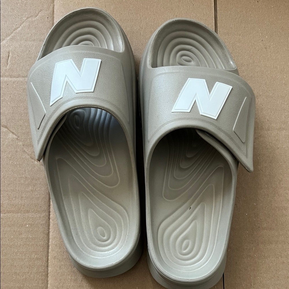New Balance Taupe Slide Sandals with White N Accent